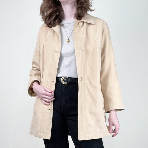 Vintage 90s Y2K Long Faux Suede Leather Peacoat Trench Jacket Quiet Luxury Coat - Picture 9 of 9